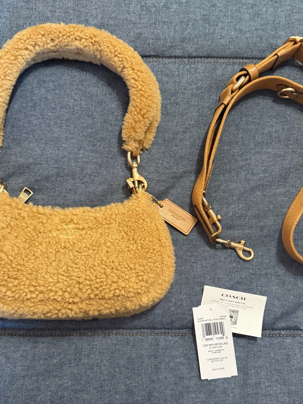 COACH Mini Teri Shearling Shoulder Bag in Camel NWT
